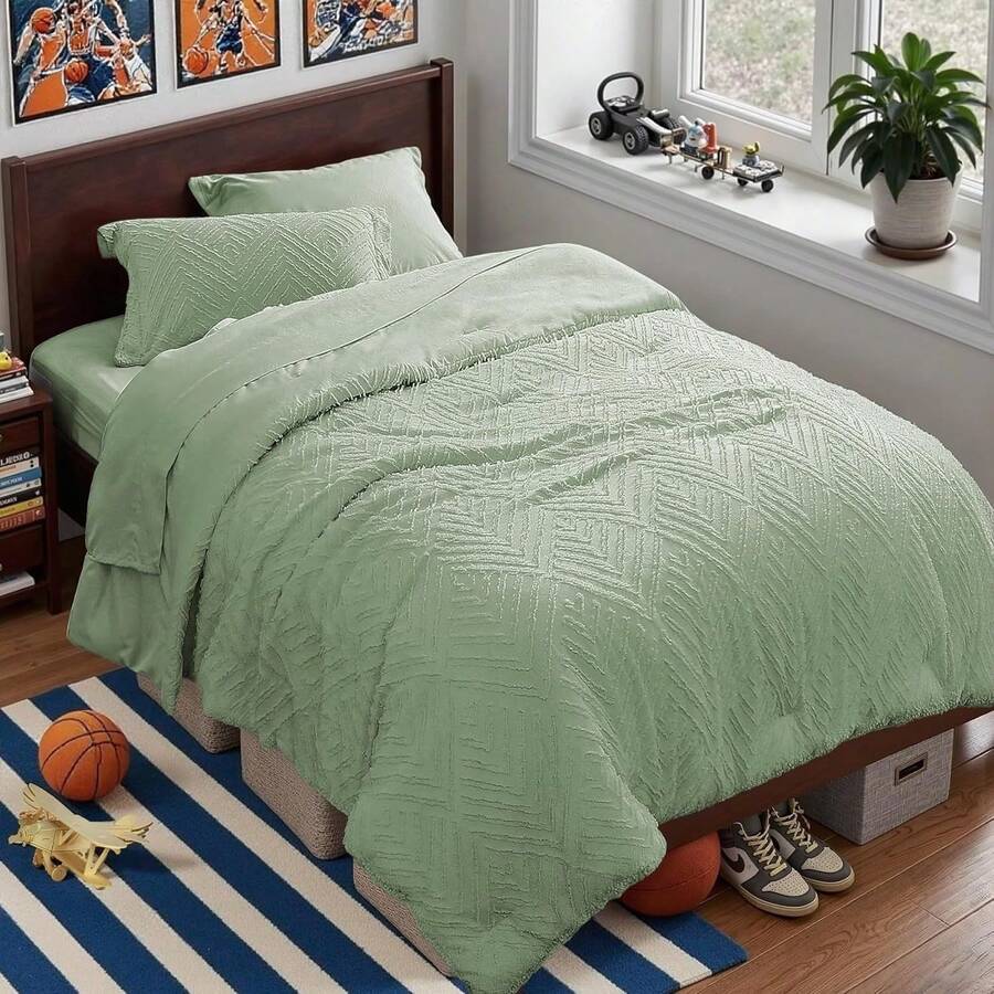 Zzlpp - 7 Piece Complete Duvet Set, Cream Tufted Bed In A Bag With Duvet And Sheets, All Season Boho Bedding Set With 1 Duvet, 2 Decorative Pillowcases, 2 - 鼠尾草綠 - 查看 1
