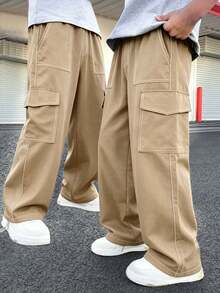 1pc Teen Boys Vintage Minimalist Cargo Pants, Suitable For Workout, Outdoor, Spring & Autumn - Khaki - View 11