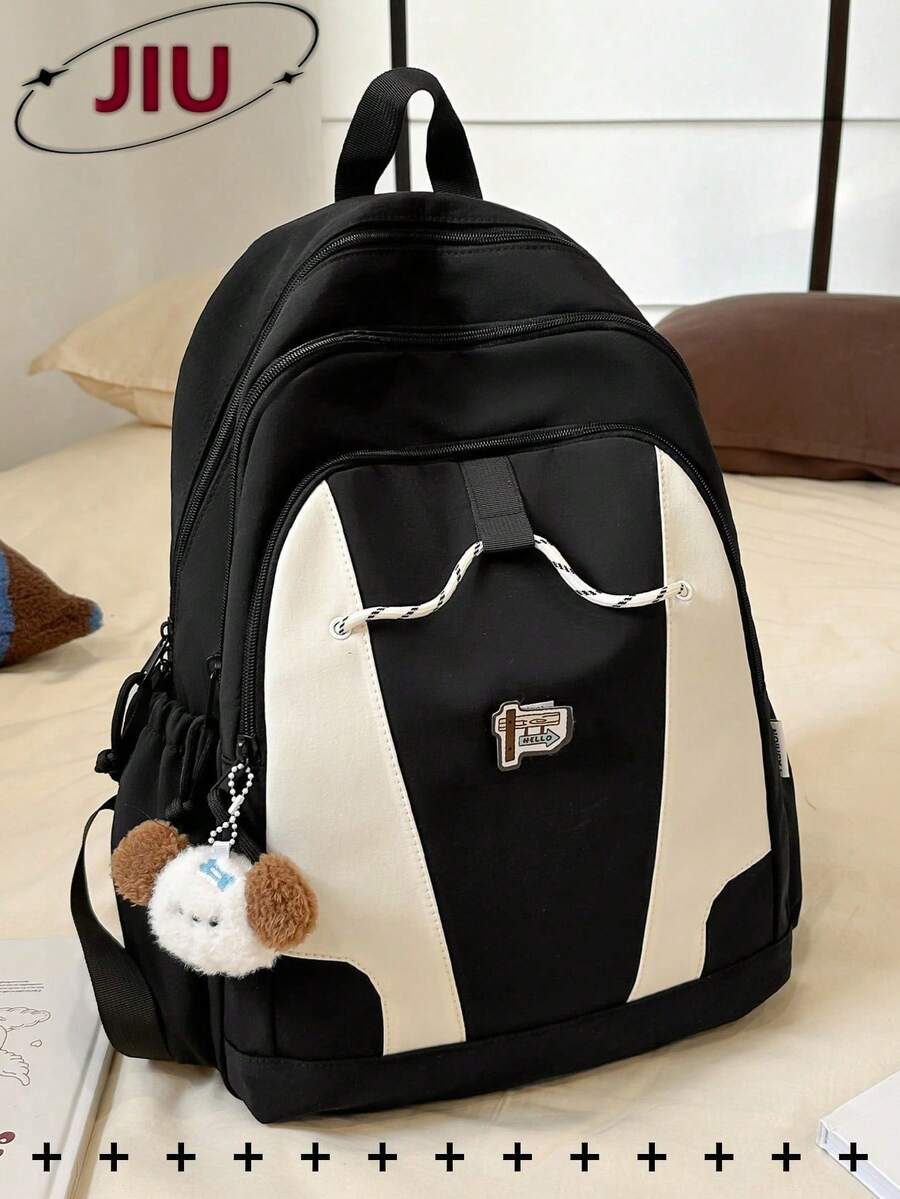 Mochila de estilo universitario conúltiples compartimentos y decoración de cachorro, cabe portátil de 15. 6 pulgadas, mochila ligera conúltiples bolsillos, mochila multifuncional, bolsa - Negro - Ver 1