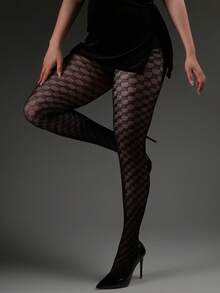1pc Sexy Elastic Tight Leggings, Vintage Checkerboard Jacquard Hollow Fishnet Tights, Spring/Summer Thin Women's Y2K Millennium Style Pantyhose, Halloween Costume Fashion Versatile Black Stockings, Suitable For Home, Office, Travel, Vacation Wear - Black - View 2