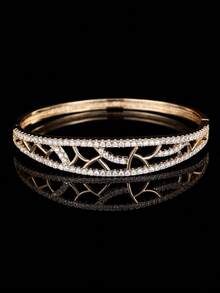1pc Women's Leaf Hollow Full Rhinestone Bracelet, Luxury Sparkling Open Bangle, Versatile Accessory For Daily Commute, Date And Party - Gold - View 6