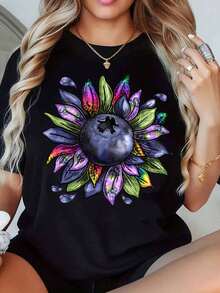 Camiseta de Mujer con Diseño Colorido de Arándanos y Girasoles, Estilo Casual de Verano, Estampado Gráfico, Cuello Redondo, Camiseta de Moda, 100% Algodón. - Negro - Ver 1