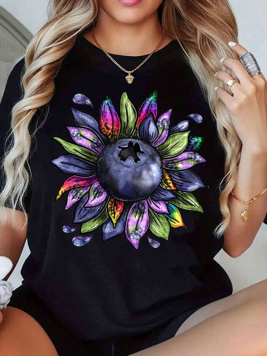 Camiseta de Mujer con Diseño Colorido de Arándanos y Girasoles, Estilo Casual de Verano, Estampado Gráfico, Cuello Redondo, Camiseta de Moda, 100% Algodón. - Negro - Ver 1