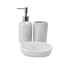 Dreiteiliges Badezimmer-Set aus weißer Keramik mit geometrischer Struktur. Bestehend aus Seifenspender, Zahnbürstenhalter und wasserfester Seifenschale. Leicht zu reinigen und im modernen, minimalistischen Design. Ideal für die Organisation Ihres Waschbeckens, als stilvolles Badezimmeraccessoire und als tolles Einzugsgeschenk. - Weiss - Übersicht 8