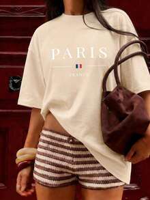 Camiseta Casual para Mujer Impala con Estampado de París, Francia, Mangas Cortas Regulares y Cuello Redondo, Top Ligeramente Elástico para Viajes de Moda, 100% Algodón. - Albaricoque - Ver 1
