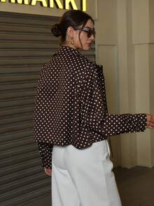 女士高领波点印花针织休闲长袖上衣，适合春秋季穿着 - 棕色 - 查看 7