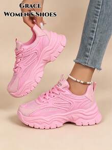 新款女款厚底運動鞋，透氣網布，休閒戶外風格，粉紅色，適合四季穿著 - 粉色 - 查看 1