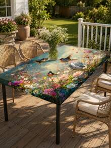 1pc-Spandex Fitted Tablecloth, Colorful Bird Garden Elastic Stretch Table Cover With Floral Meadow Print, Soft Wrinkle Resistant Snug Fit Tablecloth For Round And Rectangular Tables, Outdoor Patio Dining And Spring Party Decor - Multicolor - View 9