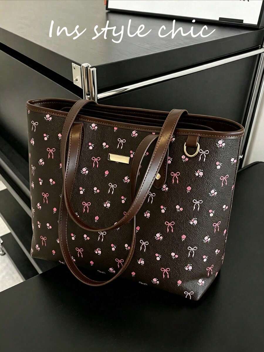 Nuevo bolso de hombro de gran capacidad de unicolor de PU de moda clásica y versátil, con diseño decorativo de patrón floral elegante, cartera de dama elegante, bolso para ir a la oficina, a - Blanco - Ver 1