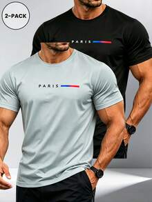 2pcs Men's Paris Print Sports T-Shirts, 2 Colors Crew Neck Short Sleeve Versatile Tops Summer - Multicolor - View 2