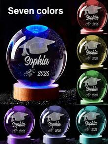 1pc Customized Name Text 3D Laser Engraved Graduation Cap Diploma Crystal Ball Night Light, Natural Wood USB Base, Warm LED Soft Light Graduation Commemorative Gift, University High School Graduate Gift, Dorm Desk Decor, Bedside Atmosphere Lamp, Graduation Party Tabletop Ornament - Multicolor - View 8