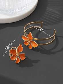Juego de joyería para mujer con 1 anillo floral asimétrico de flor de cinco pétalos hecho a mano con efecto de aceite goteado en naranja brillante estilo vintage de verano y playa para vacaciones & 1 pulsera - Naranja - Ver 6