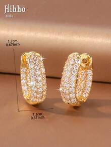 Hihho 1 Pair Elegant Luxury Cubic Zirconia Inlaid Gold Earrings, Exquisite Accessory For Women's Holiday Party - Full Zirconium U-shaped - View 7