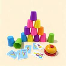 1 Set Juego de Tazas de Apilamiento Rápido, Juguete Interactivo de Apilamiento de Velocidad para Padres e Hijos, Incluye Tarjetas de Patrones y Campana, Juego de Mesa de Entrenamiento de Lógica Educativo, Adecuado para Reuniones Familiares - Multicolor - Ver 8