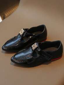 Water Drop Shaped Square Buckle Hollow T-Strap Pointed Toe Flat Loafers For Kids - Black - View 3