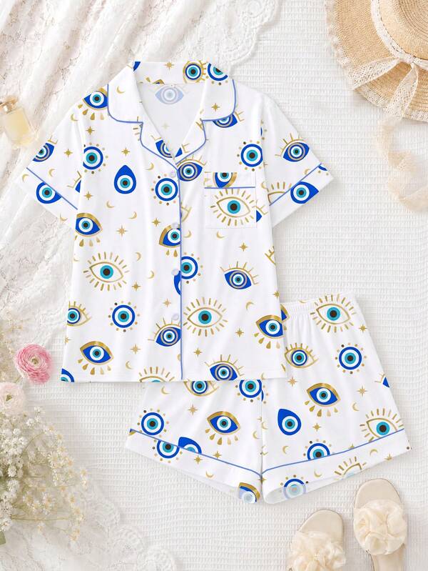 HOREA 2pcs Spring Eye Print Party Women Pajama Set, Short Sleeve Collared Top And Elastic Waist Shorts, Casual All Season Women Sleepwear & Loungewear Outfit