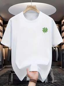Camiseta de Trébol de Cuatro Hojas de la Suerte - Prenda Superior Casual de Verano de Manga Corta y Cuello Redondo con Logotipo en el Pecho Izquierdo, Minimalista Adecuada para Atuendo - Blanco - Ver 2