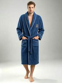 1件裝男士純色刺繡飾邊長款浴袍，舒適透氣柔軟絨毛快乾吸水，居家休閒服，適用於居家/SPA/飯店/休閒，四季通用，浴室裝飾（深藍色） - 翻領-素色包邊圓標浴袍-深藍色 - 查看 8
