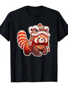 Unisex T-Shirt, Chinese New Year, Red Panda, Lion Dance, Lunar New Year 2024, Same Style T-Shirt For Men And Unisex, Summer Printed Long Sleeve T-Shirt 2026, Camiset - 黑色 - 查看 1