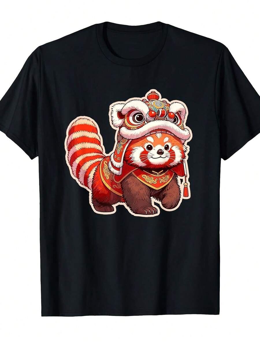 Unisex T-Shirt, Chinese New Year, Red Panda, Lion Dance, Lunar New Year 2024, Same Style T-Shirt For Men And Unisex, Summer Printed Long Sleeve T-Shirt 2026, Camiset - 黑色 - 查看 1
