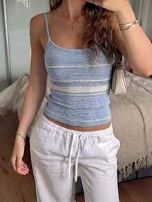 Live To Mo Women's Sexy Striped Bodycon Knit Camisole Tank Top,Backless Design, Beach Vacations Minimalist And Fashion For Daily Wear Casual - Blue and White Stripes - View 5