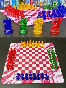 橡膠 4 人對弈棋盤套組 13.7 英吋，附紅色大理石紋可捲曲棋盤，64 件 Staunton 塑膠棋子（透明、純色）– 適合多人策略與益智遊戲、家庭聚會及禮品 - 彩色 - 查看 3