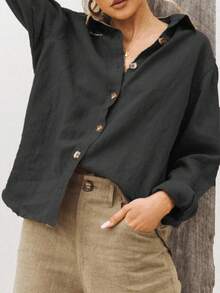 Spring/Summer 2026, European And American Fashion, Women's Loose Fit Long Sleeve Shirt With Reversible Collar In Cotton And Linen - 灰色 - 查看 7
