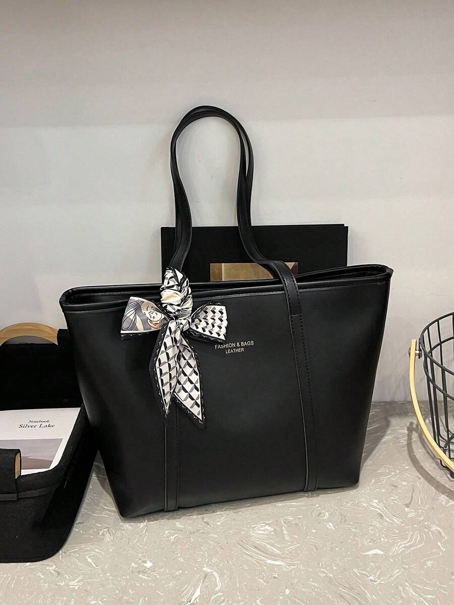 Large Capacity Minimalist Vintage-Style Handbag In Solid PU Leather With Matching Scarf, Versatile And Elegant Women's Bag, Fashionable Bag With Bow, Eye-Catching Handbag - 灰色 - 查看 1