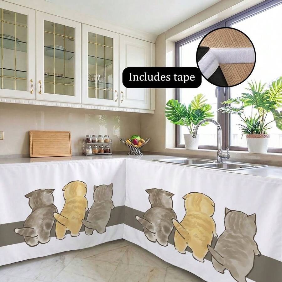 1 PC Cartoon Cat Chinese Text Print Cabinet Curtain Minimalist Polyester Rectangular Self Adhesive Tape Dustproof Sink Skirt For Kitchen Home Daily Decor - Light Grey - View 1