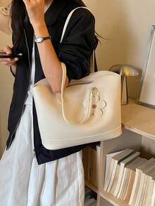 Women's Solid Color PU Large Capacity Tote Bag, Shoulder Bag, Casual Bohemian Handbag With Chain Strap, Suitable For Work, School, Travel, Fashionable Cute Floral Accessory - White - View 6