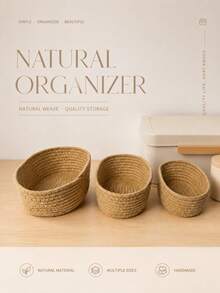 1pc Khaki Handmade Woven Storage Basket, Natural Style Small Desktop Organizer Tray, Round Opening Design, Suitable For Cosmetics, Keys, Snacks, Jewelry, Stationery, Bedroom Office Living Room Home Decor - Khaki - View 3