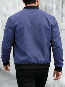 男士戶外運動休閒夾克棒球風，純色拉鍊棒球領外套，舒適百搭上衣 - 霧霾藍 - 查看 4