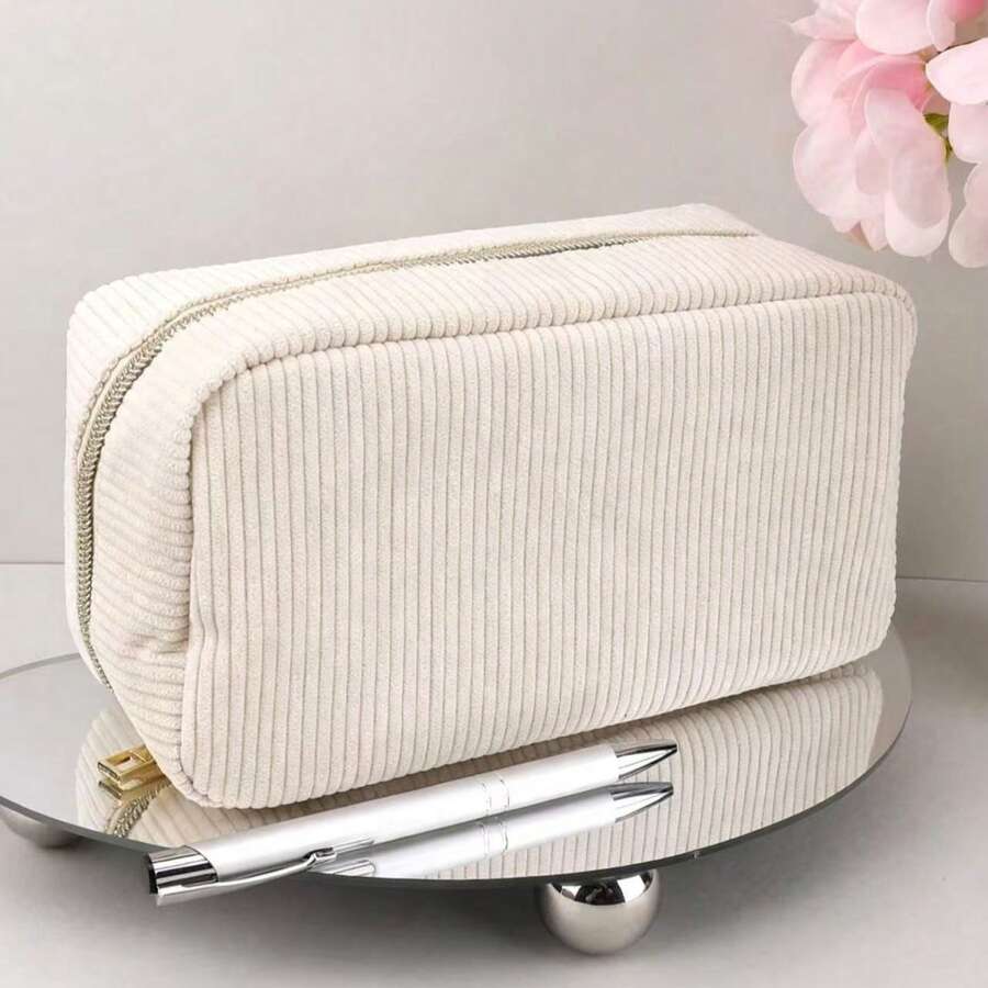 4/2/1pc Large Capacity Corduroy Pencil Case, Gold Zipper, Aesthetic Solid Color Multi-Function Stationery Storage Bag, Large Capacity Pencil Pouch, Compact Portable Design, Internal Compartments For Organized Storage, Wide Opening For Easy Access - Multiple Styles - View 1
