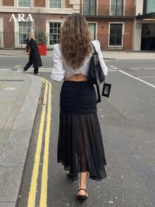 ARA CHIC Women's Black Pleated Patchwork Asymmetrical Casual Music Festival Skirt, Spring/Summer New Arrival - Black - View 5
