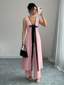 Conjunto de canguro sin mangas con cuello en V y pantalones de pierna ancha, estilo urbano casual y elegante K601, para primavera y verano - Blanco - Ver 10