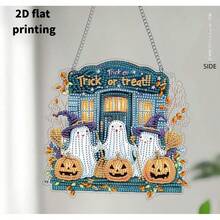 2D Flat Design, Asymmetrical Diamond Inlay, Ghost Diamond Painting Hanging Decor Set, 5D DIY Diamond Painting Halloween Style Pendant, Suitable For Home Wall, Yard, Front Door Sign Outdoor Decoration, Double-Sided Printing, Single-Sided Diamond Studded - A - View 2