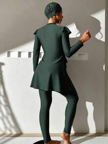 WaveBikini Burkini Modest Swimsuit UPF Sun Protection Ruffle Long Sleeve Solid Green Swim Set With Hijab For Women Beach Swimming - Dark Green - View 3