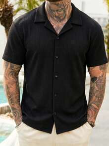 男士時尚經典提花落肩寬鬆短袖襯衫 T-shirt，適合商務聚會與日常社交場合 - 黑色 - 查看 3
