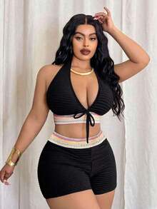 2026 Nuevo Traje de Baño Sexy para Mujer Talla Grande de Alta Gama con Tela Especial, Acolchado Desmontable, Cuello Halter con Lazo, Escote - Multicolor - Ver 9
