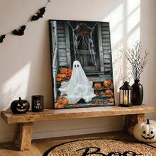 1 pieza Arte de pared en lienzo, decoración de pared enmarcada, fantasma blanco vintage sentado en un porche de madera con linterna de calabaza, hojas de arce y telaraña, póster popular de atmósfera de terror pastoral de otoño de Halloween, pintura decorativa colgante vintage sin marco, adecuada para decoración del hogar moderno, decoración de habitación, decoración de dormitorio, decoración de sala de estar, decoración de baño, decoración de cocina - Fantasma de calabaza - Ver 11