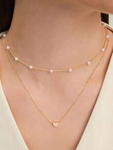 Ashenrae 2pcs Heart Shaped Faux Pearl Decor Layered Adjustable Necklace Set For Women - Yellow Gold - View 1