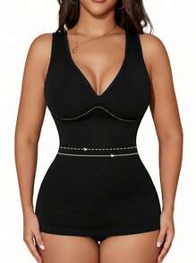 Damen V-Ausschnitt nahtlose Kompression Sport Formwäsche Trägertop Casual Schwarz Sommer - Schwarz - Übersicht 1