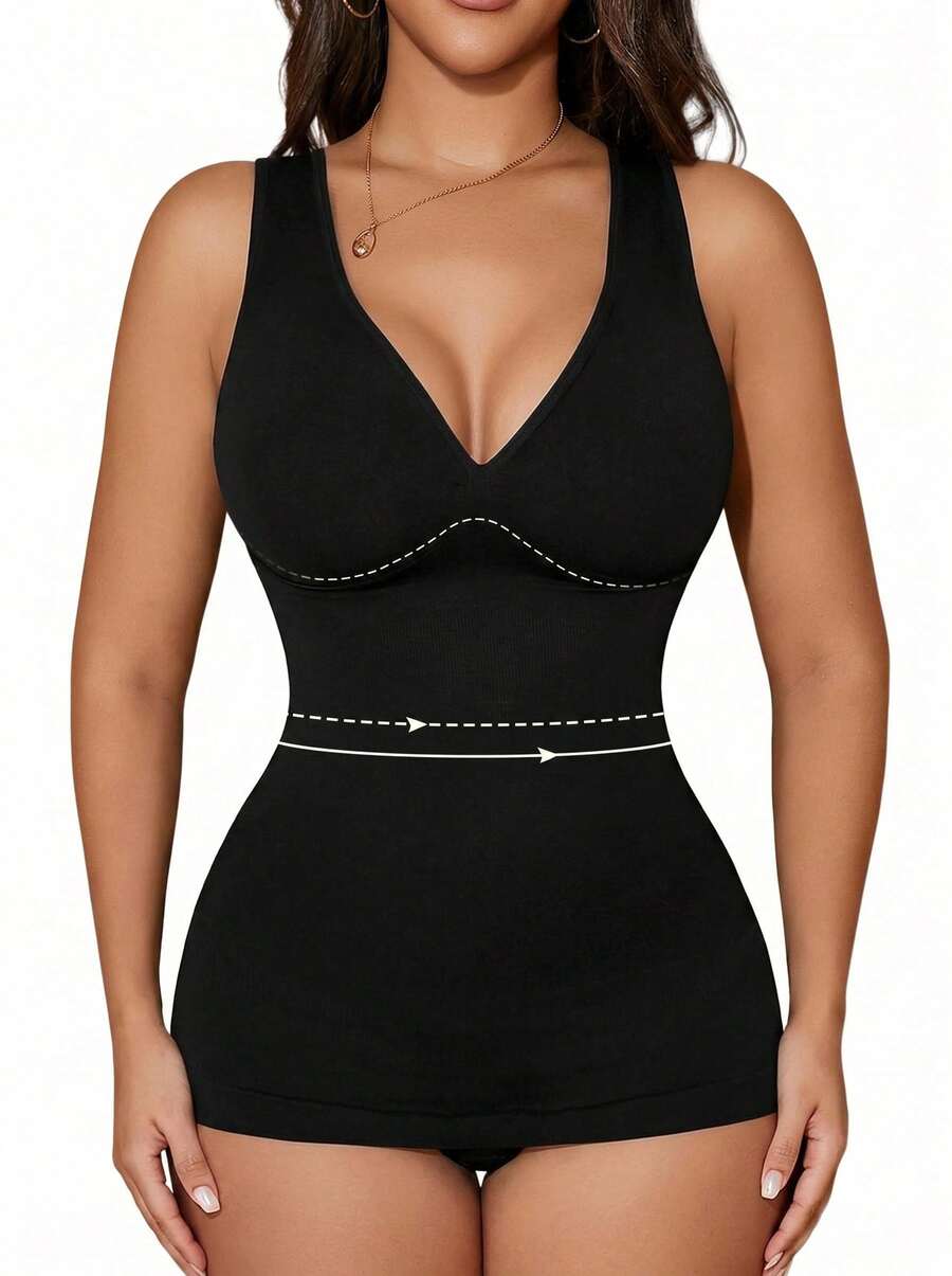 Damen V-Ausschnitt nahtlose Kompression Sport Formwäsche Trägertop Casual Schwarz Sommer - Schwarz - Übersicht 1
