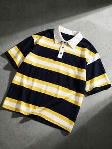 FRACTYR Men's Summer Casual Black Yellow White Wide Horizontal Striped Loose Polo Shirt, White Collar Button Short Sleeve Casual Top, Comfortable Breathable Short Sleeve Casual, Suitable For Outdoor Wear - Yellow - View 6