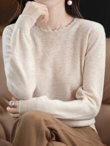 Women's Elegant Solid Color Ruffled Crew Neck Knitwear, Spring & Fall Fashion Casual Versatile Long Sleeve Pullover Base Layer  Ideal For Daily Wear - Apricot - View 3