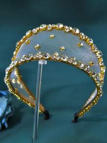 1pc Gold Women's Headpiece, Rhinestone Mesh Wide Headband, Bridal Headpiece, Wedding, Travel, Photography, Performance, Gathering Hair Accessory, Dress-Up Hair Ornament, Women's Accessory - Gold - View 7