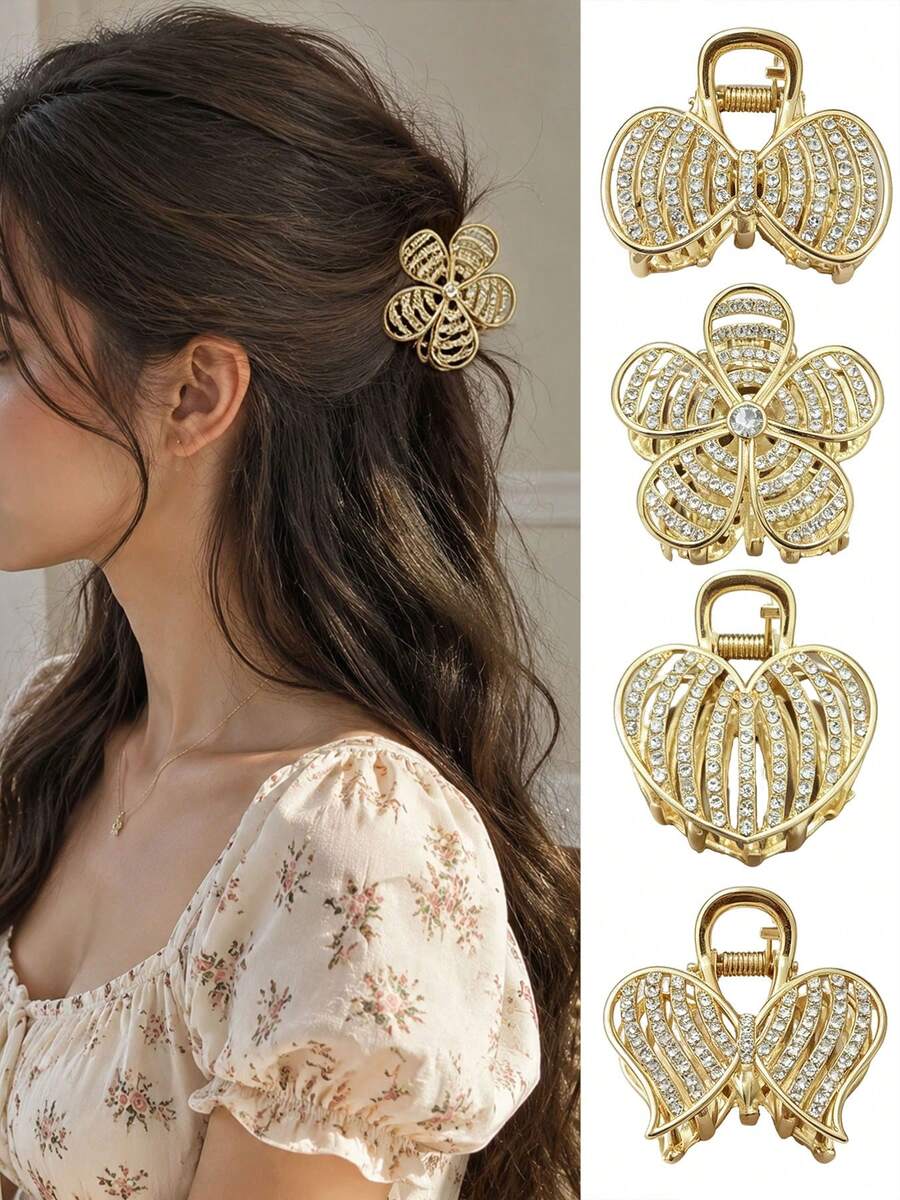 2 Stück süße elegante leichte Vintage Gold Strass Cut Out Blumen Herz Schleife Haarspangen für den Hinterkopf, Luxus Voll Strass Metall Haarspangen - Verschiedenfarbig - Übersicht 1