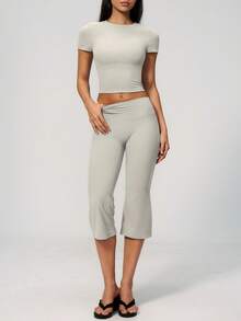 TimeOff Women's One Set Solid Color Round Neck Cropped Short Sleeve Flared Mid-Length Pants Sports Outfit - Grey - View 7