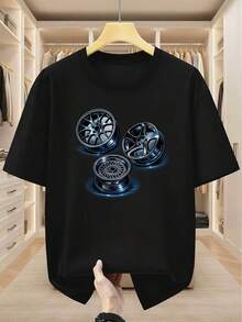 T-shirt grande taille pour hommes 100% coton, T-shirt col rond pour hommes avec imprimé cool de moyeu de roue de voiture, élégant, , et polyvalent, confortable décontracté à manches courtes - Noir - Voir 1