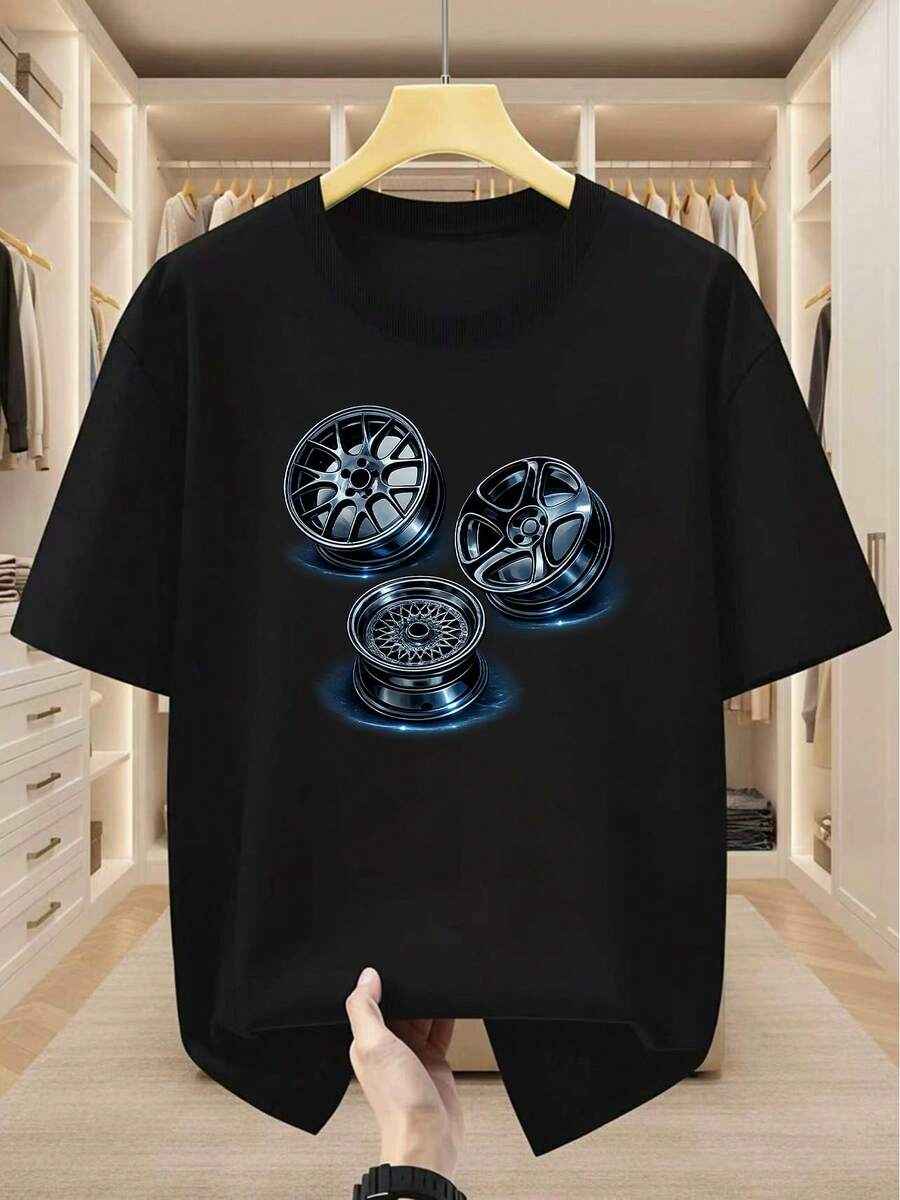 T-shirt grande taille pour hommes 100% coton, T-shirt col rond pour hommes avec imprimé cool de moyeu de roue de voiture, élégant, , et polyvalent, confortable décontracté à manches courtes - Noir - Voir 1